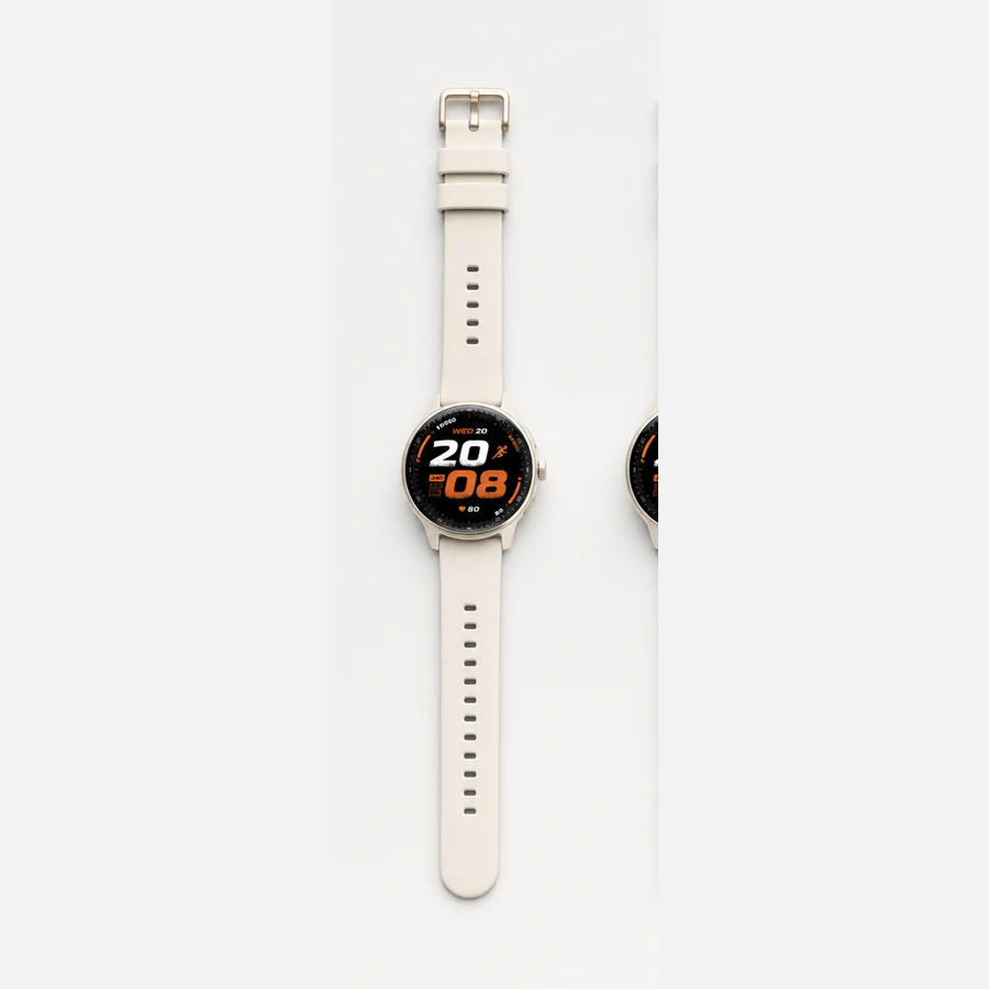 Um relógio com pulseira clara, visto de cima