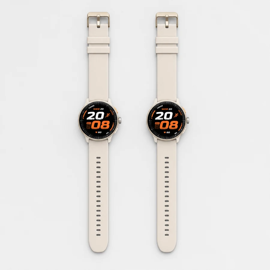 Dois relógios com pulseira clara, vistos de cima