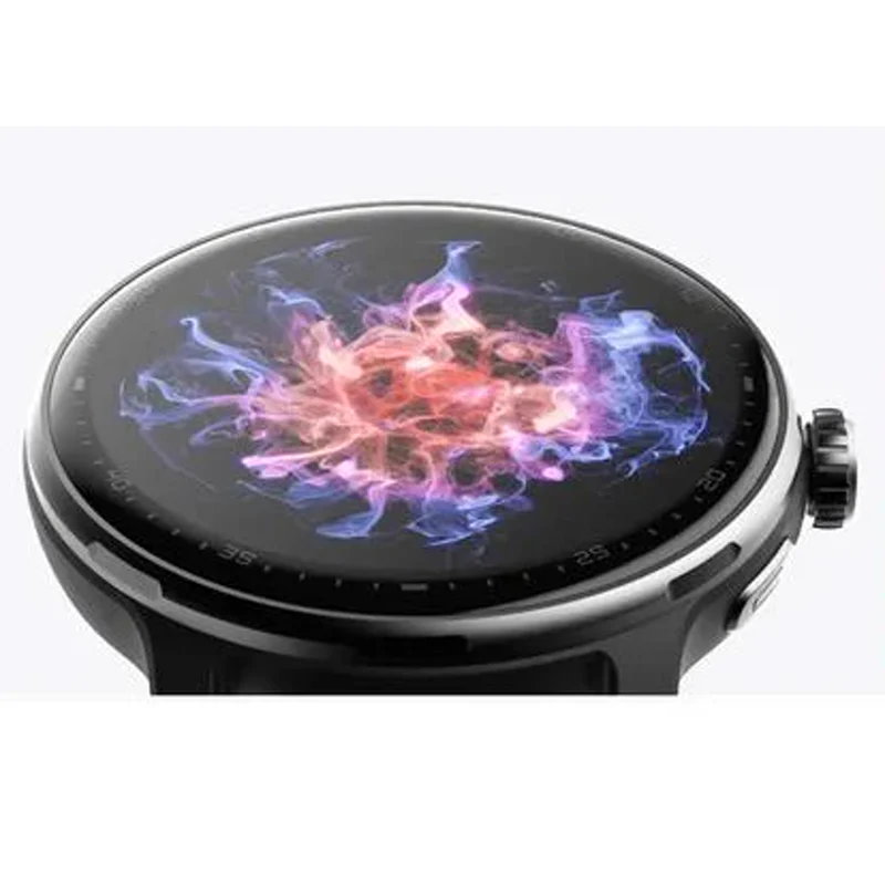 Smartwatch esportivo com GPS, de tela redonda, sobre fundo claro